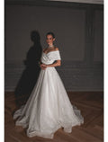A-Line Off-Shoulder Sequin Cap Sleeve Train Wedding Gown - Chloe Dress