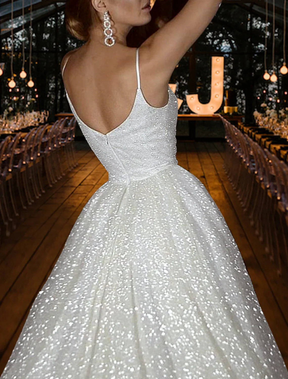 A-Line V-Neck Sequin Train Wedding Gown - Chloe Dress