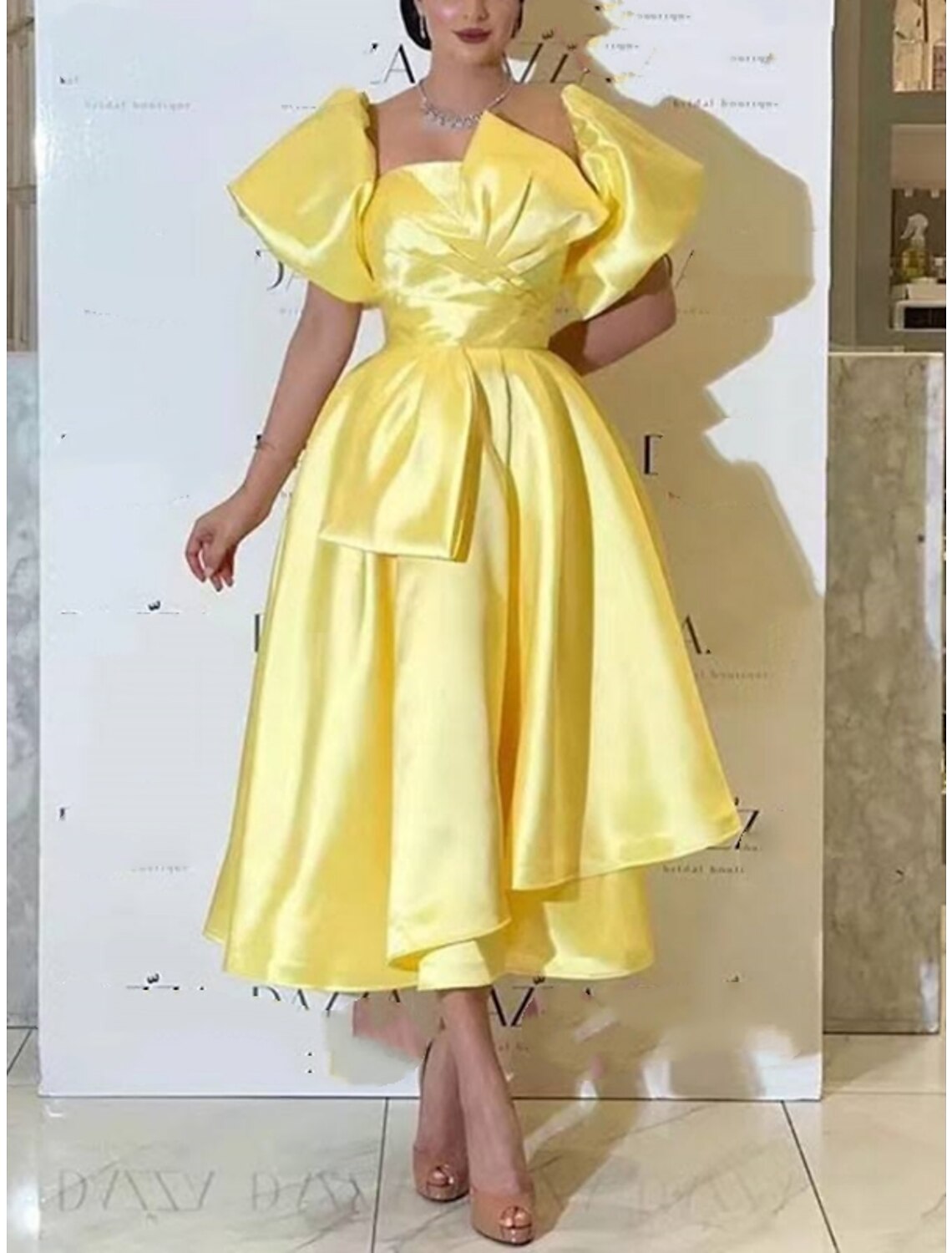 A-Line Square Neck Satin Short Sleeve Pleated Mini Wedding Dress - Chloe Dress