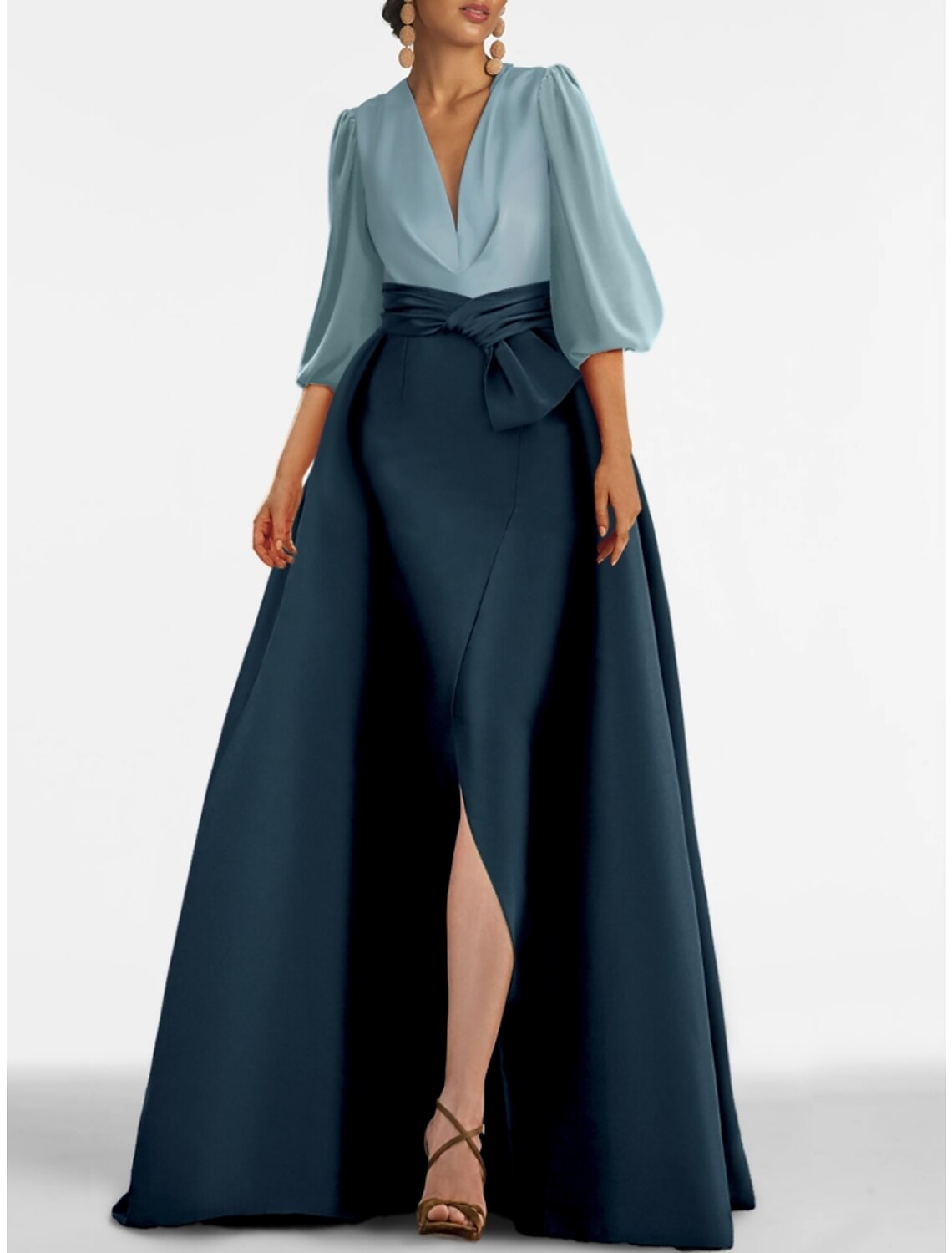 A-Line V-Neck Satin High Slit Evening Gown - Chloe Dress