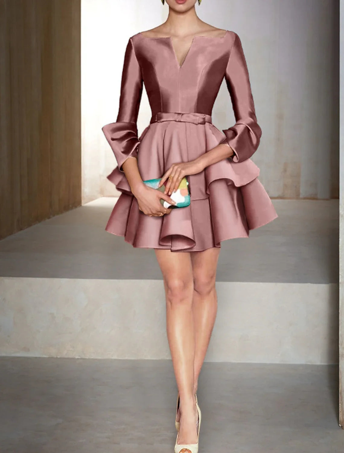 A-Line V-Neck Satin Long Sleeve Ruffled Mini Cocktail Dress - Chloe Dress
