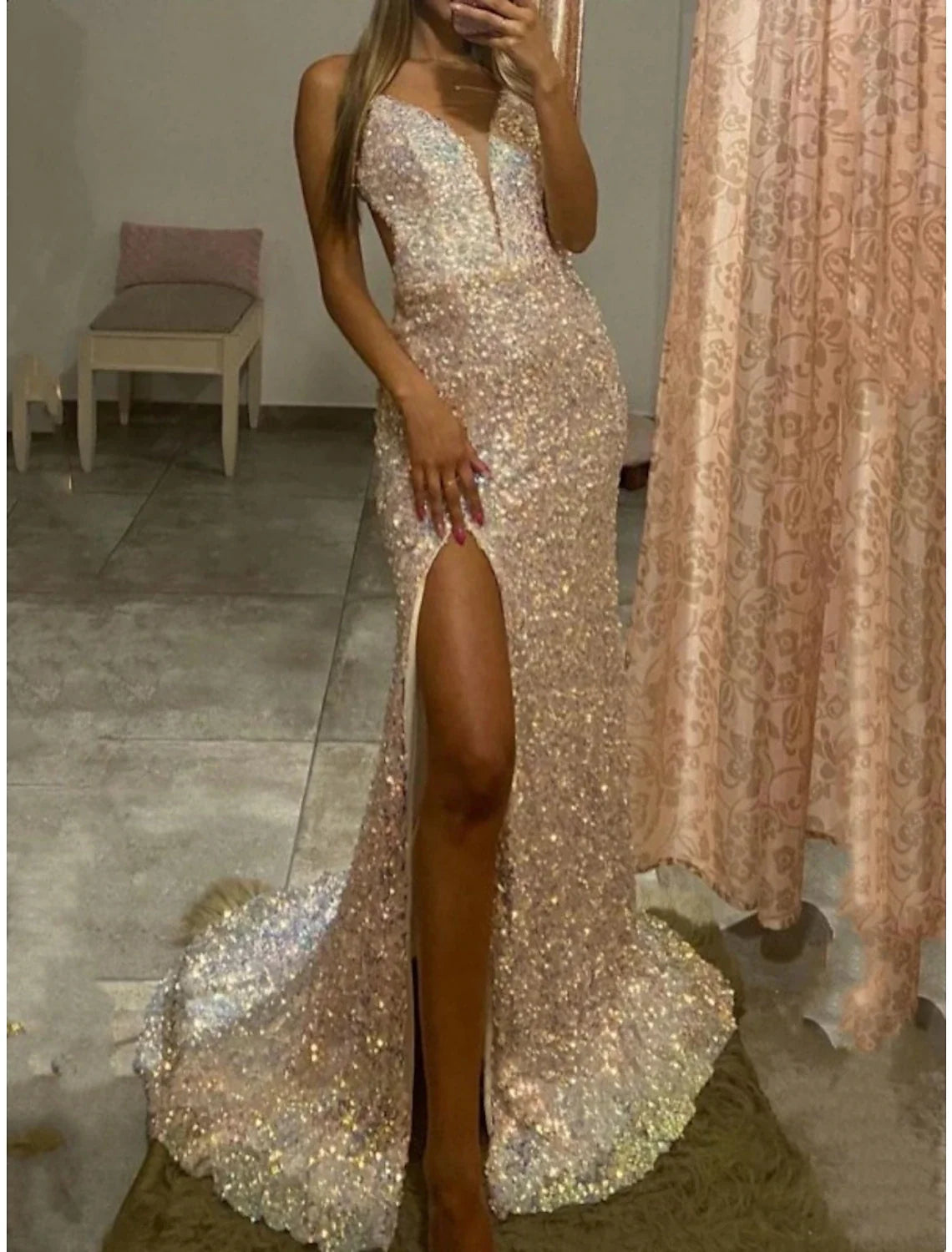 Sheath Spaghetti Strap Sequin Sleeveless Backless High Slit Prom Dress - Chloe Dress