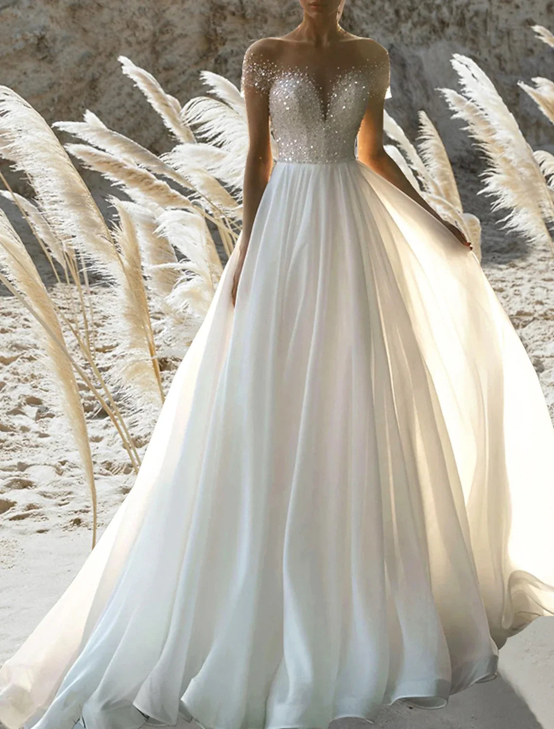 A-Line Off-Shoulder Chiffon Short Sleeve Pleated Mini Wedding Gown - Chloe Dress