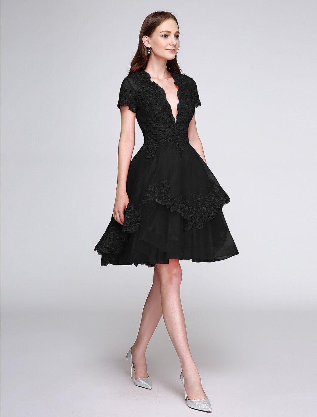 Ball Gown Plunging Organza Short Sleeve Button Back Applique Mini Prom Gown - Chloe Dress