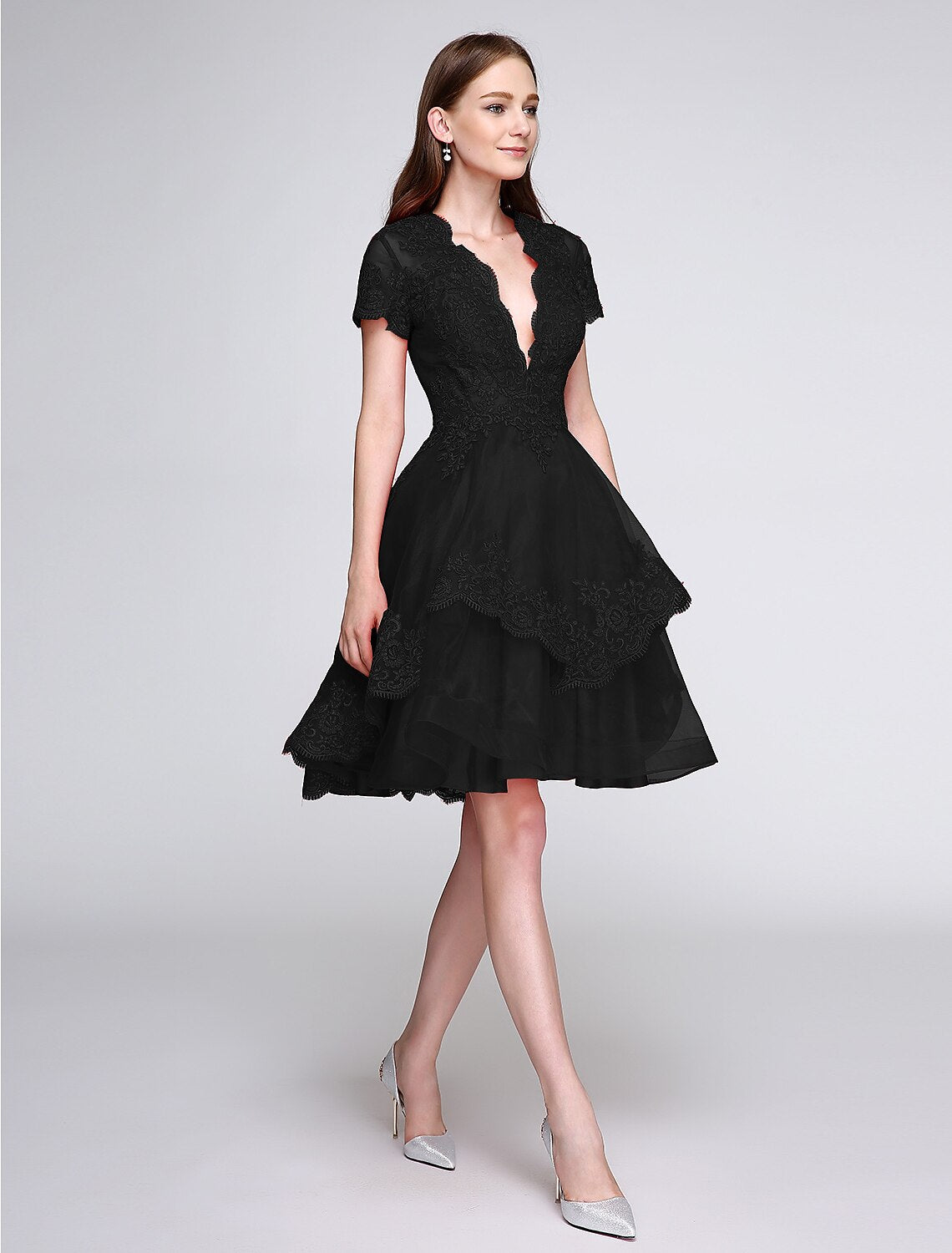 Ball Gown Plunging Organza Short Sleeve Button Back Applique Mini Prom Gown - Chloe Dress