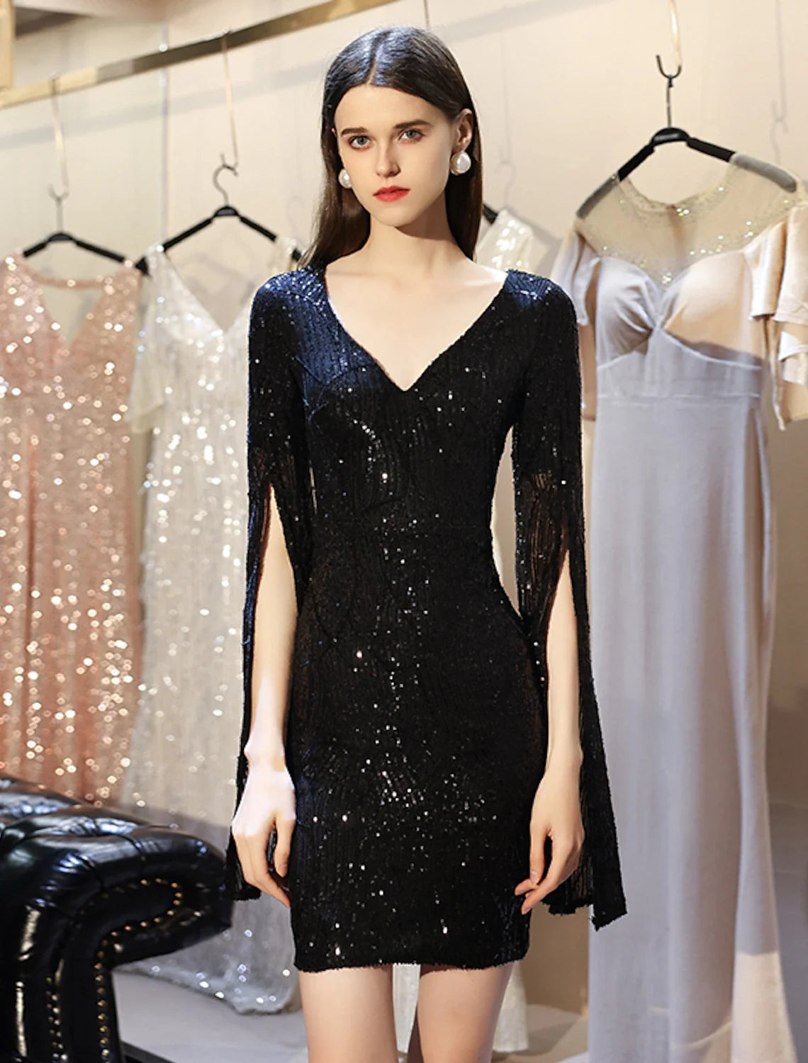Sheath V-Neck Sequin Long Sleeve High Slit Mini Cocktail Dress - Chloe Dress