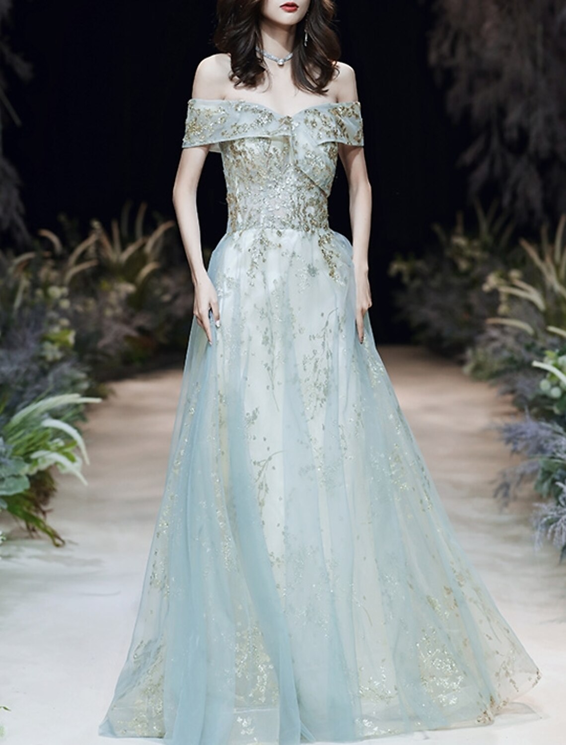 A-Line Off-Shoulder Tulle Short Sleeve Floor-Length Evening Gown - Chloe Dress