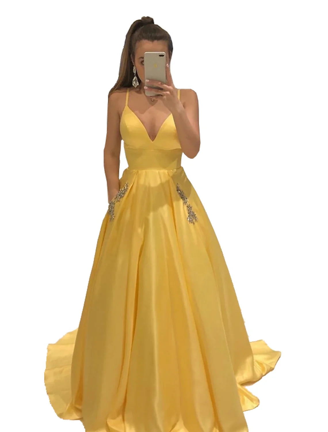 A-Line V-Neck Satin Sleeveless Train Evening Gown - Chloe Dress