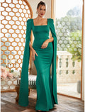 Sheath Square Neck Long Sleeve Pleated Floor-Length Evening Gown - Chloe Dress