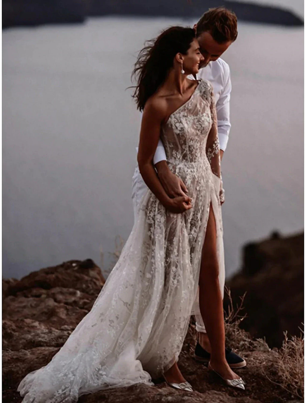 A-Line One-Shoulder Lace Long Sleeve Train Wedding Gown - Chloe Dress