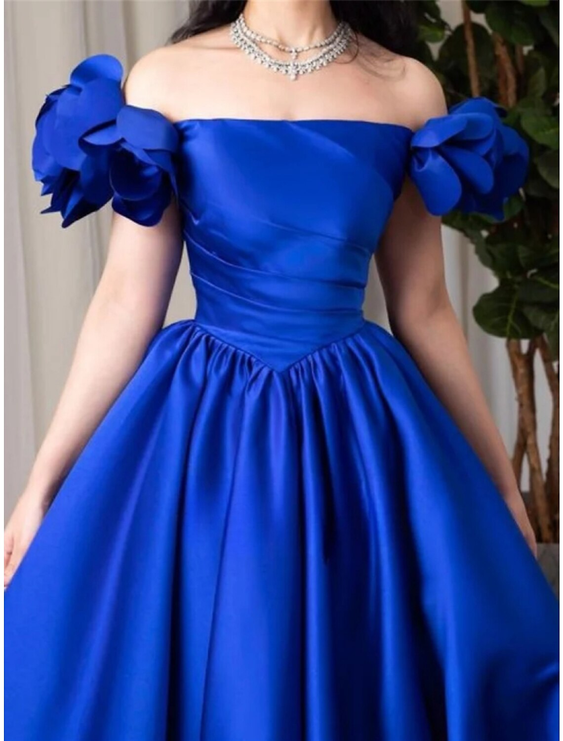 A-Line Off-Shoulder Satin Short Sleeve Pleated Mini Evening Gown - Chloe Dress