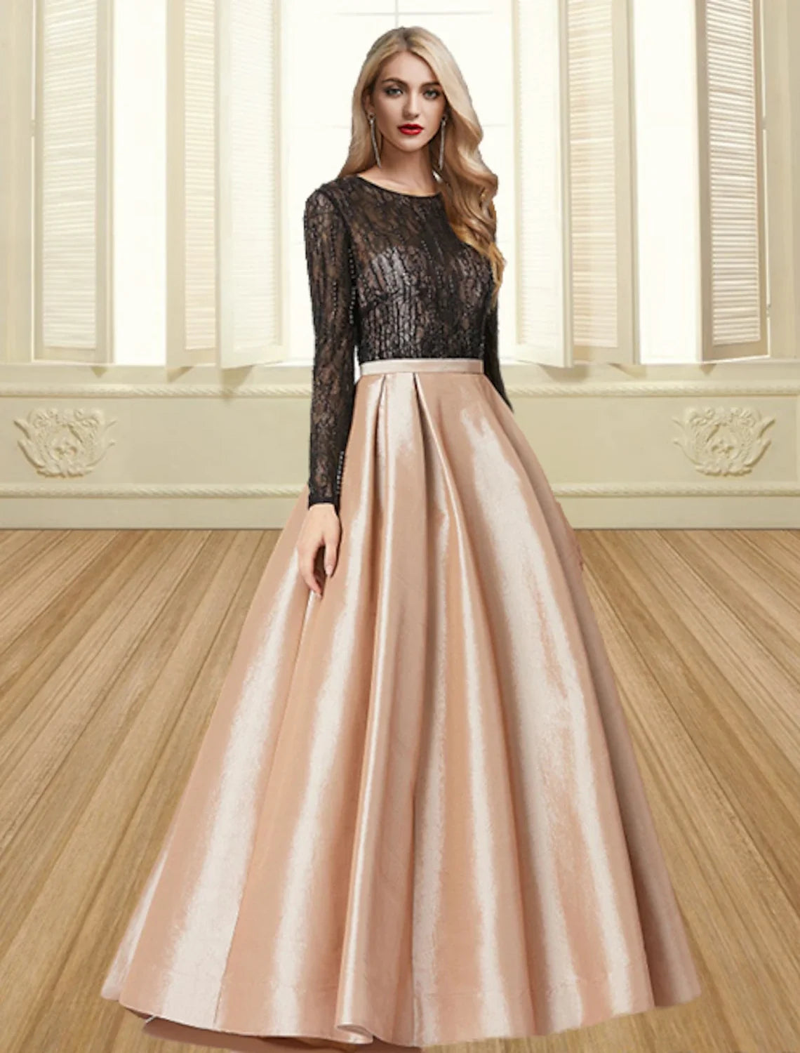 Ball Gown Satin Long Sleeve Pleated Floor-Length Evening Gown - Chloe Dress