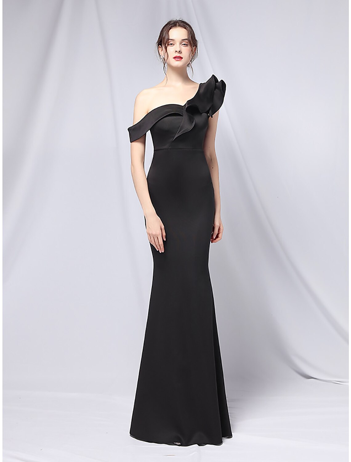 Mermaid One-Shoulder Satin Short Sleeve Ruffled Floor-Length Evening Gown - Chloe Dress