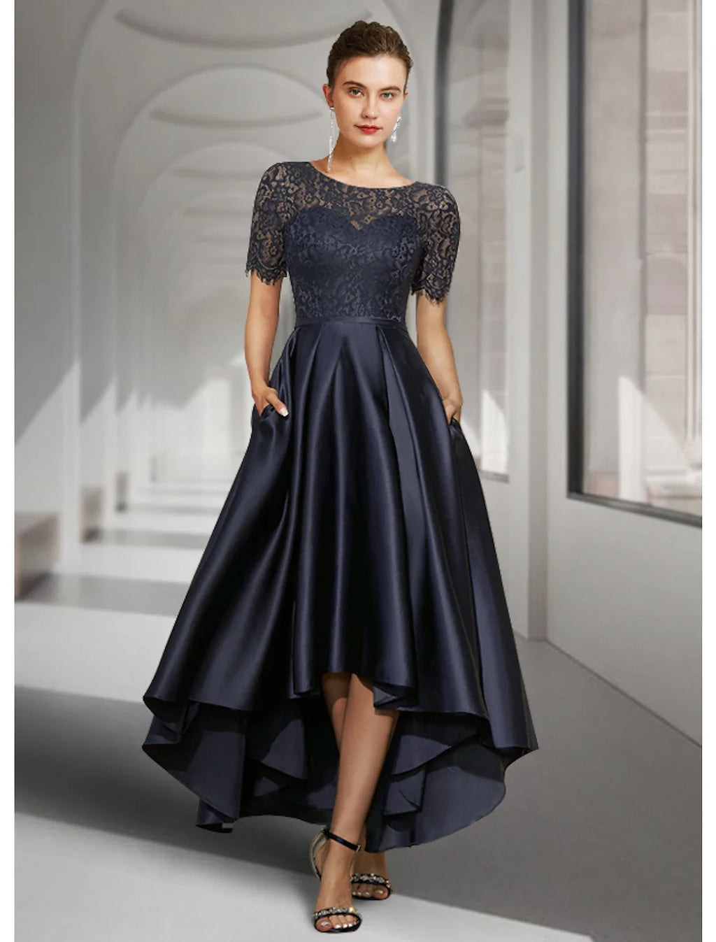 A-Line High Neck Satin Short Sleeve Pleated Mini Wedding Dress - Chloe Dress