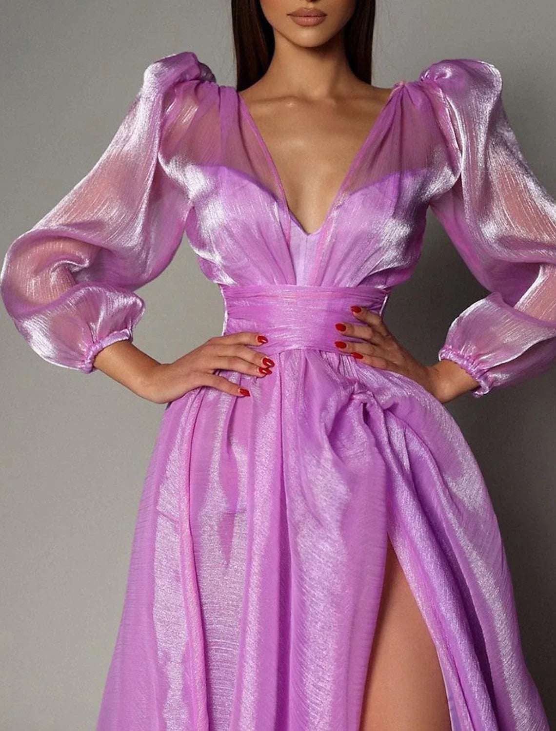 A-Line V-Neck Organza Long Sleeve High Slit Evening Gown - Chloe Dress