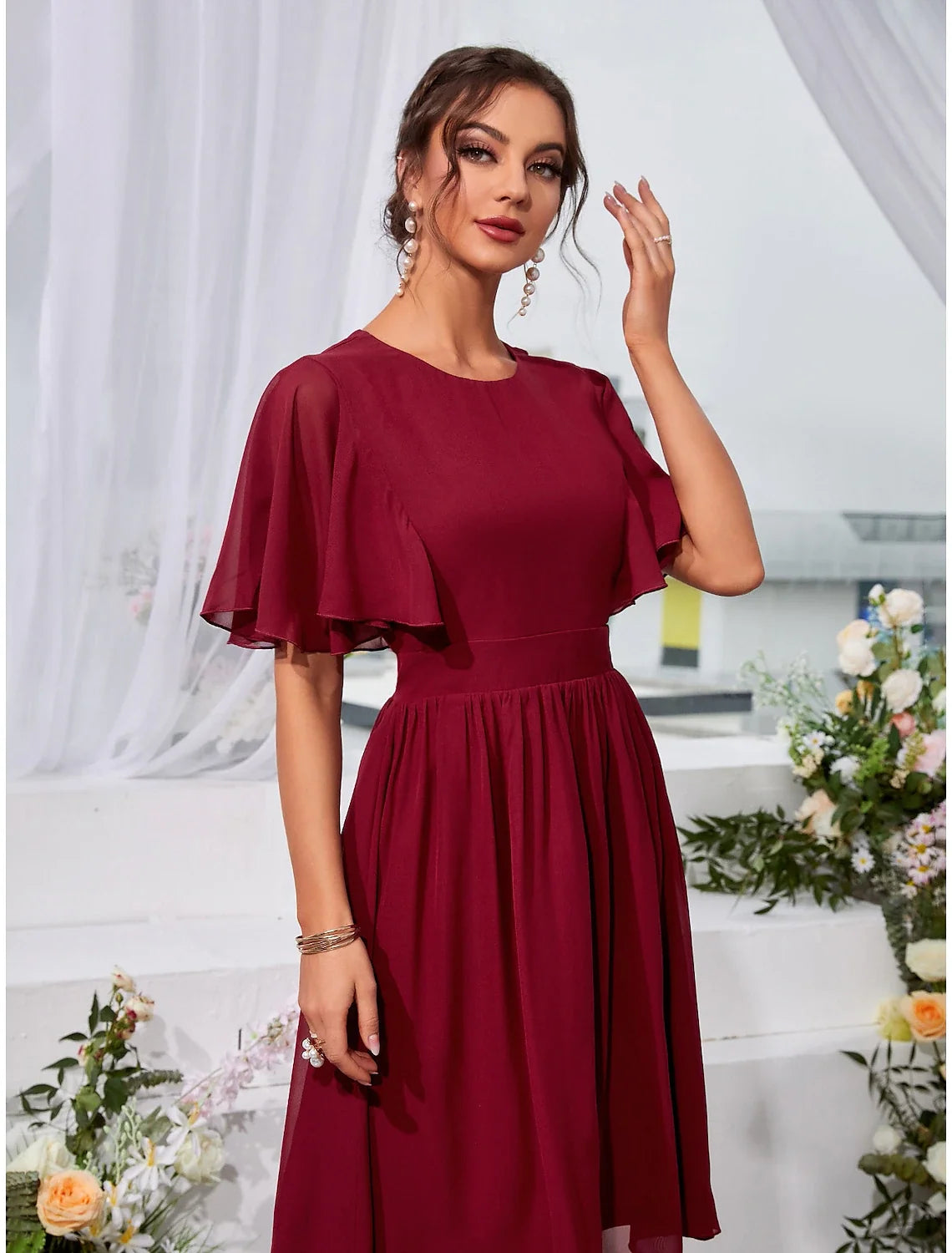 A-Line Chiffon Short Sleeve Ruffled Mini Wedding Dress - Chloe Dress