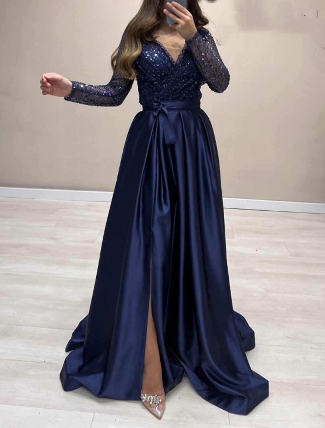 A-Line V-Neck Satin Long Sleeve Train Evening Gown - Chloe Dress