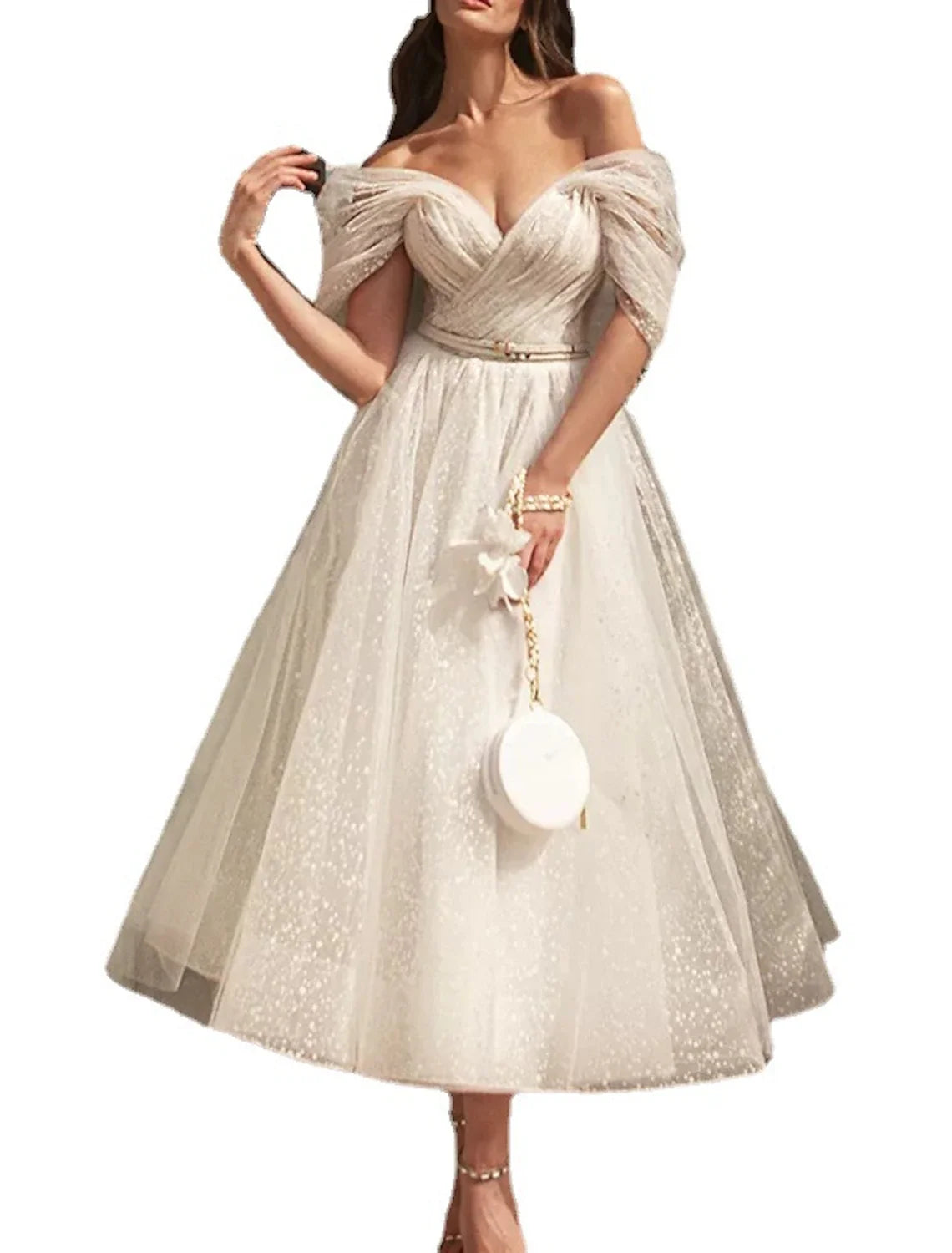 Black A-Line Off-Shoulder Sequin Short Sleeve Mini Wedding Dress - Chloe Dress