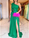 Green Sheath One-Shoulder Chiffon Sleeveless Pleated Floor-Length Dress - Chloe Dress