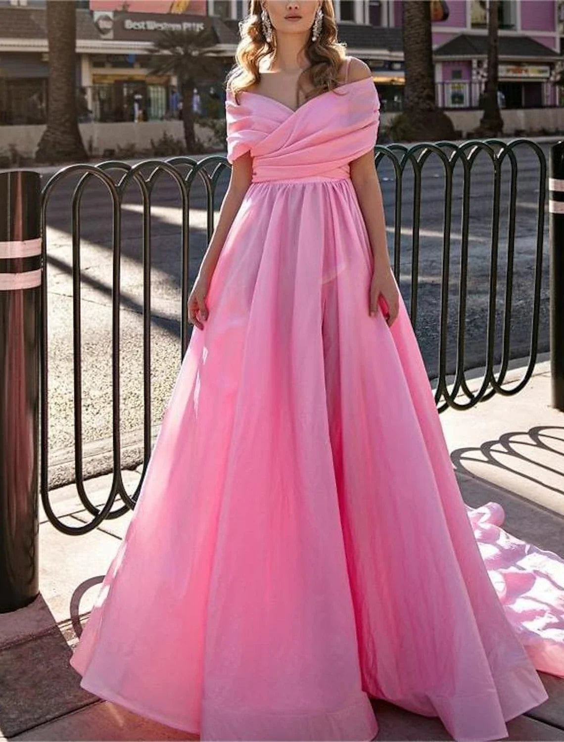 Ball Gown Off-Shoulder Chiffon Short Sleeve High Slit Mini Prom Gown - Chloe Dress