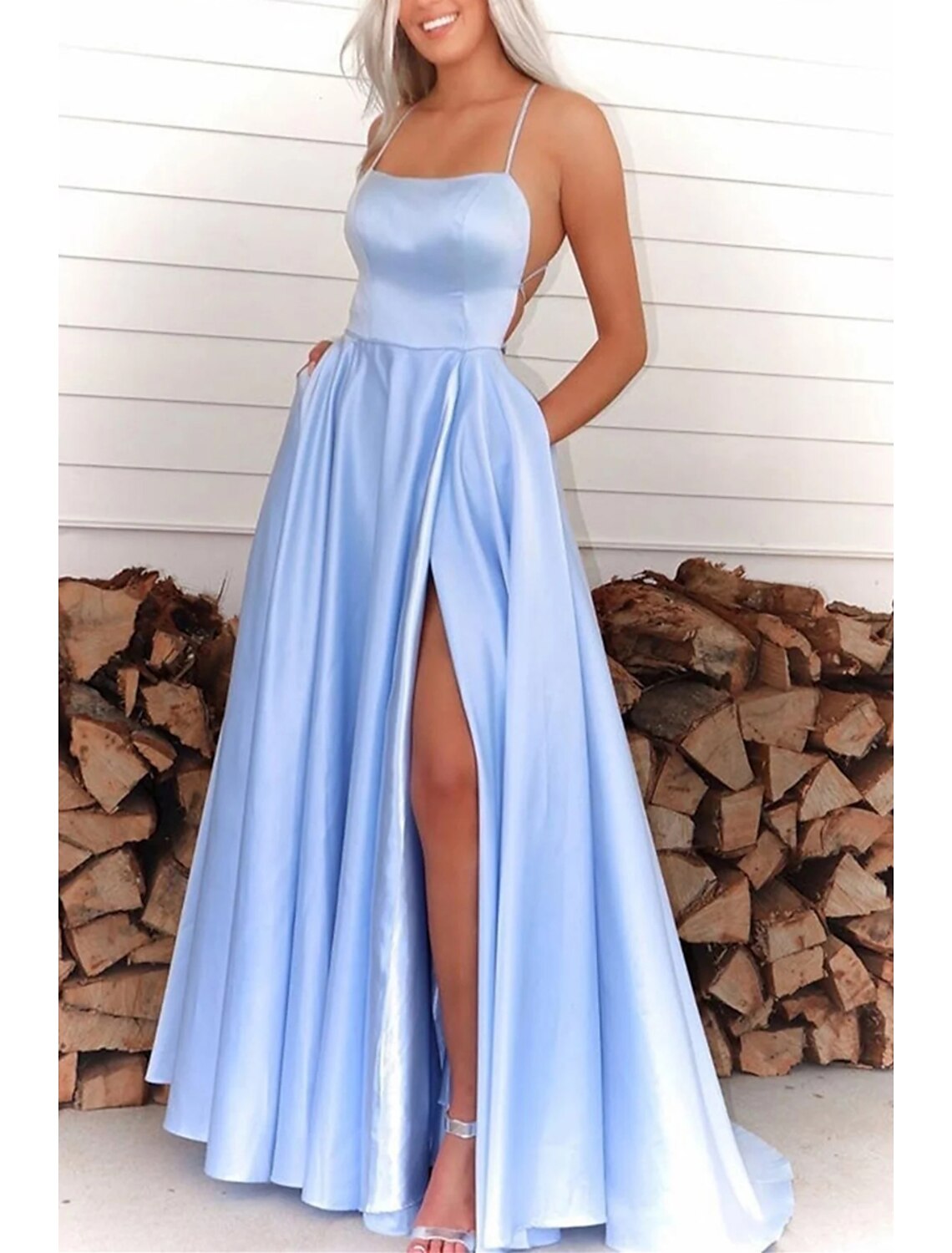 A-Line Spaghetti Strap Satin Sleeveless Open Back Pleated Prom Dress - Chloe Dress