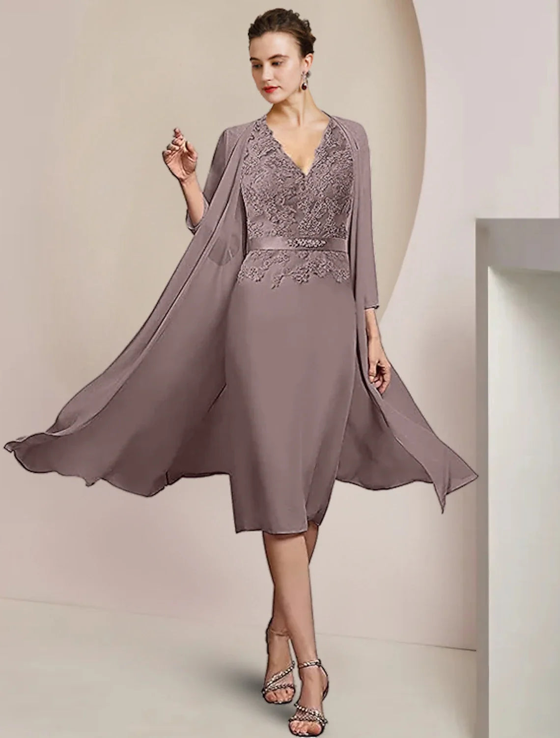 Sheath V-Neck Chiffon Sleeveless Applique Knee-Length Wedding Dress - Chloe Dress