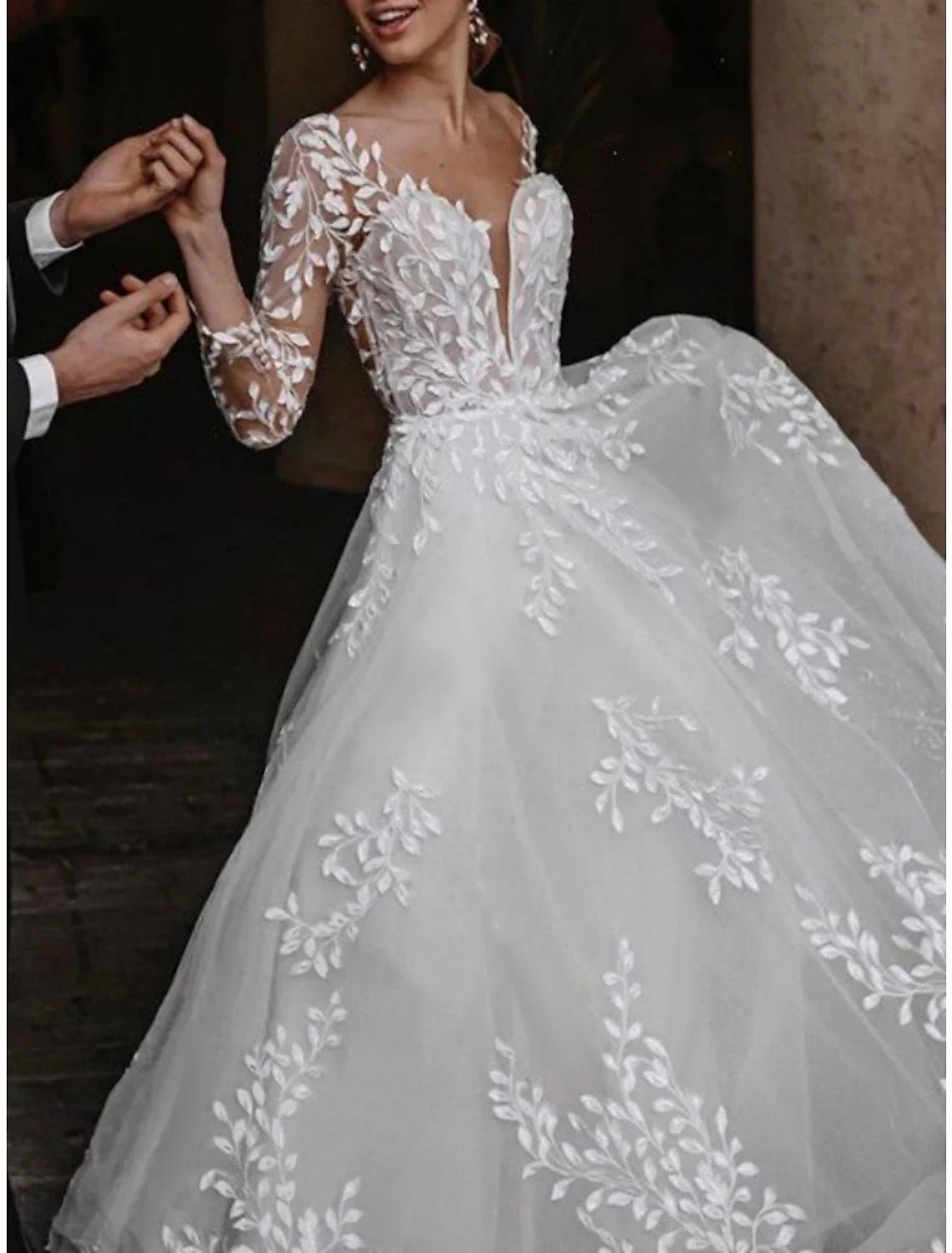 A-Line V-Neck Lace Long Sleeve Pleated Floor-Length Wedding Gown - Chloe Dress