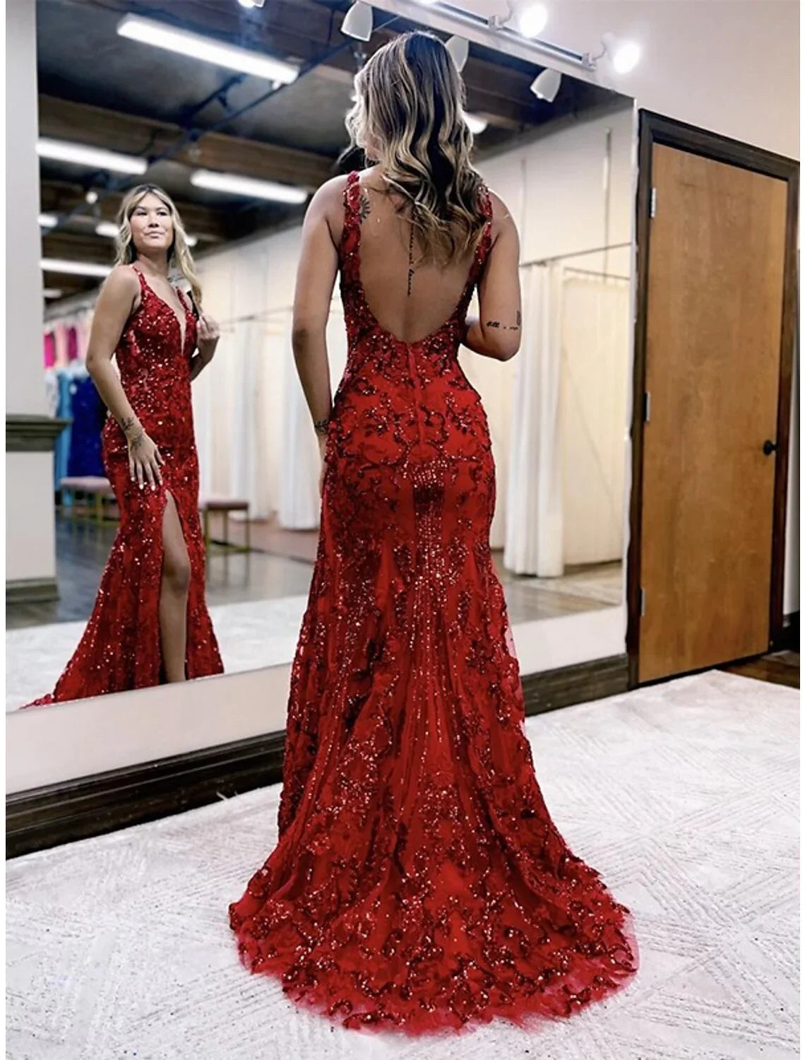 Mermaid V-Neck Sequin Sleeveless Backless Train Prom Dress - Chloe Dress