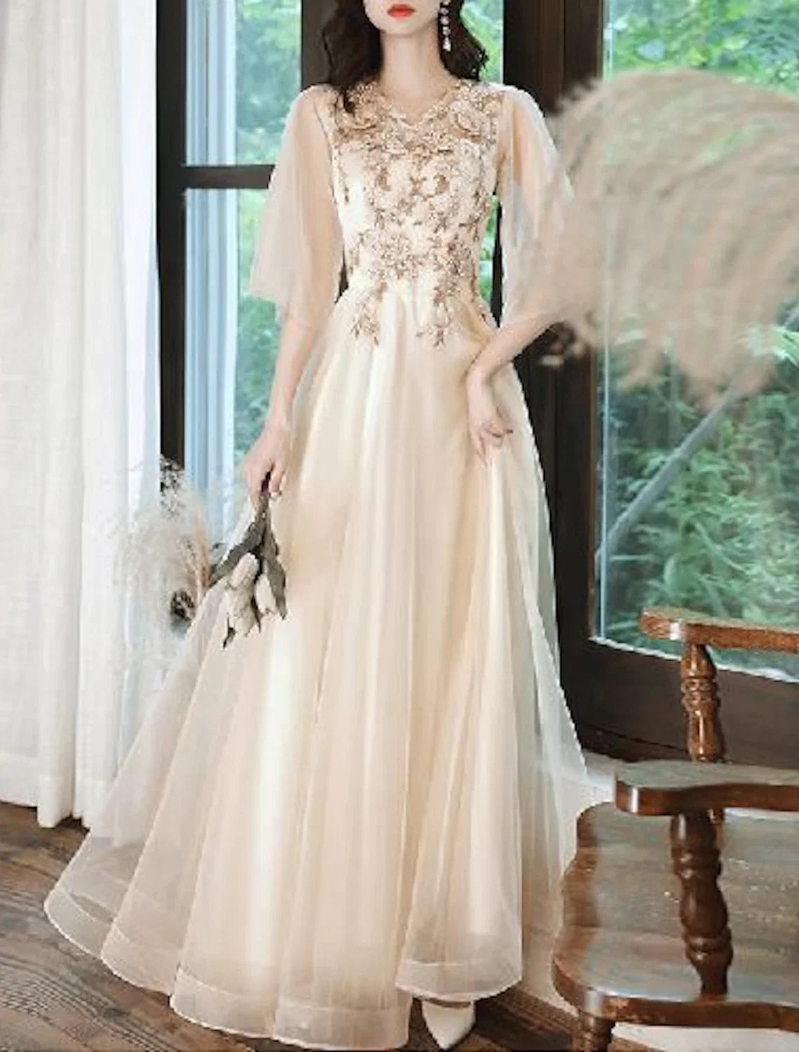 A-Line V-Neck Tulle Applique Floor-Length Prom Dress - Chloe Dress