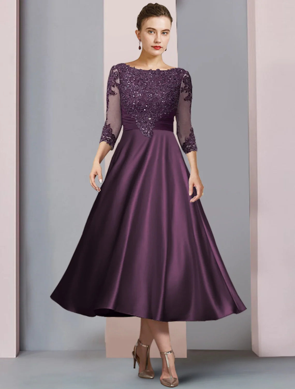 A-Line Satin Applique Tea-Length Wedding Dress - Chloe Dress