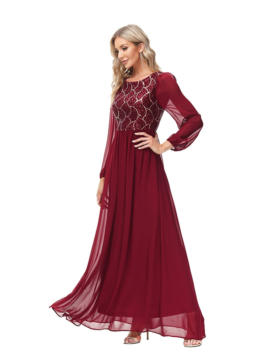 A-Line Chiffon Long Sleeve Floor-Length Evening Gown - Chloe Dress