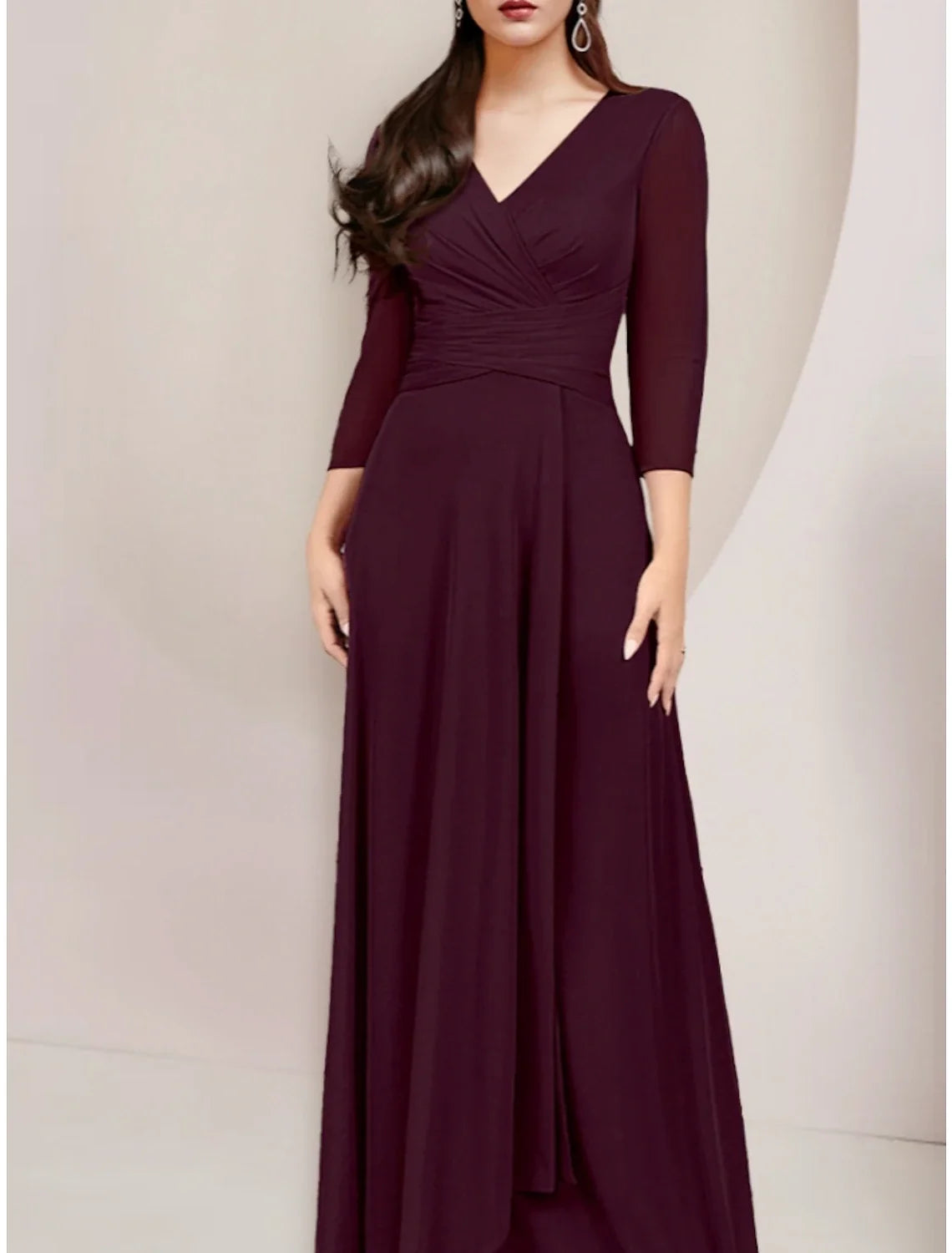 A-Line V-Neck Chiffon Three-Quarter Sleeve Floor-Length Wedding Dress - Chloe Dress