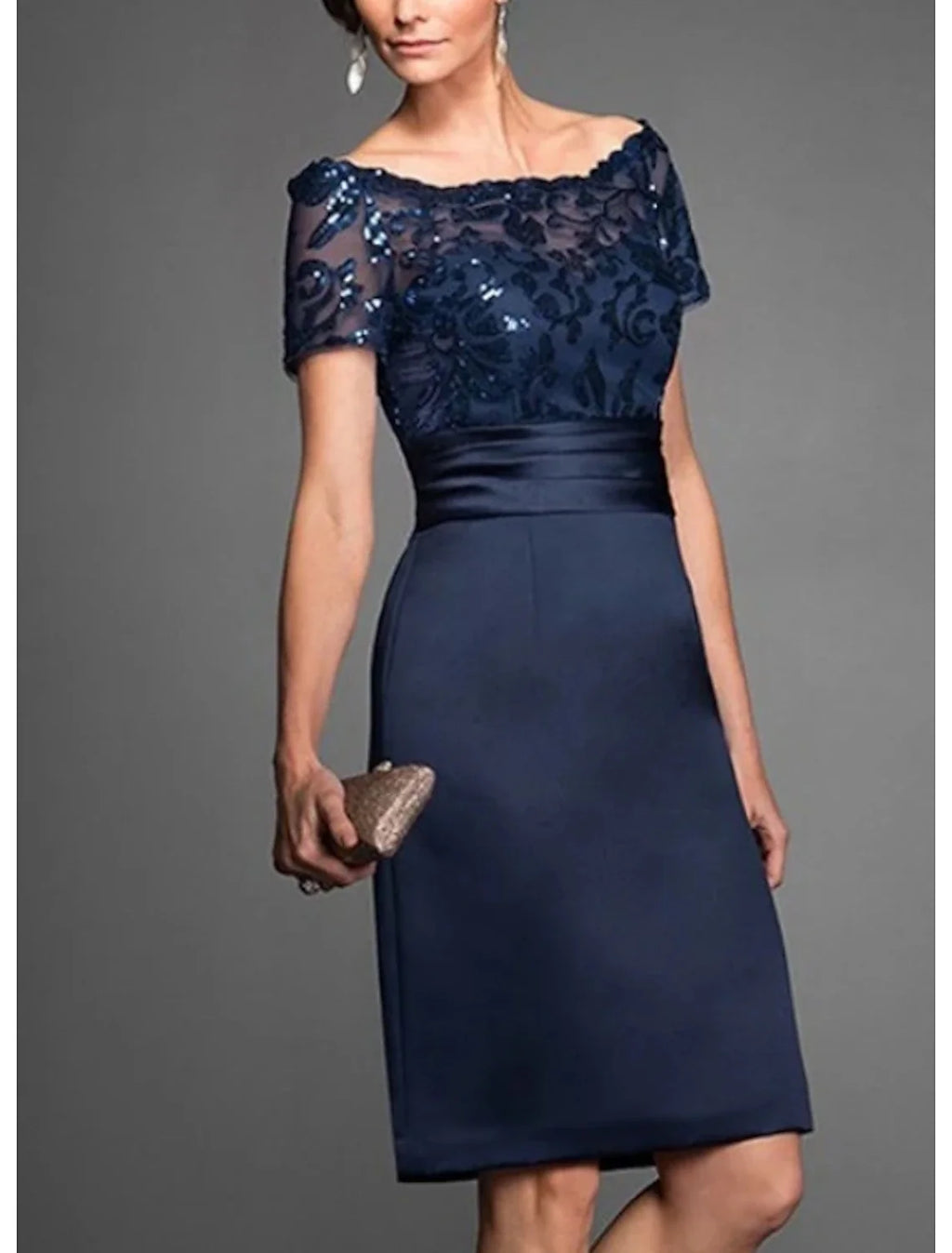 Sheath Off-Shoulder Chiffon Short Sleeve Mini Wedding Dress - Chloe Dress