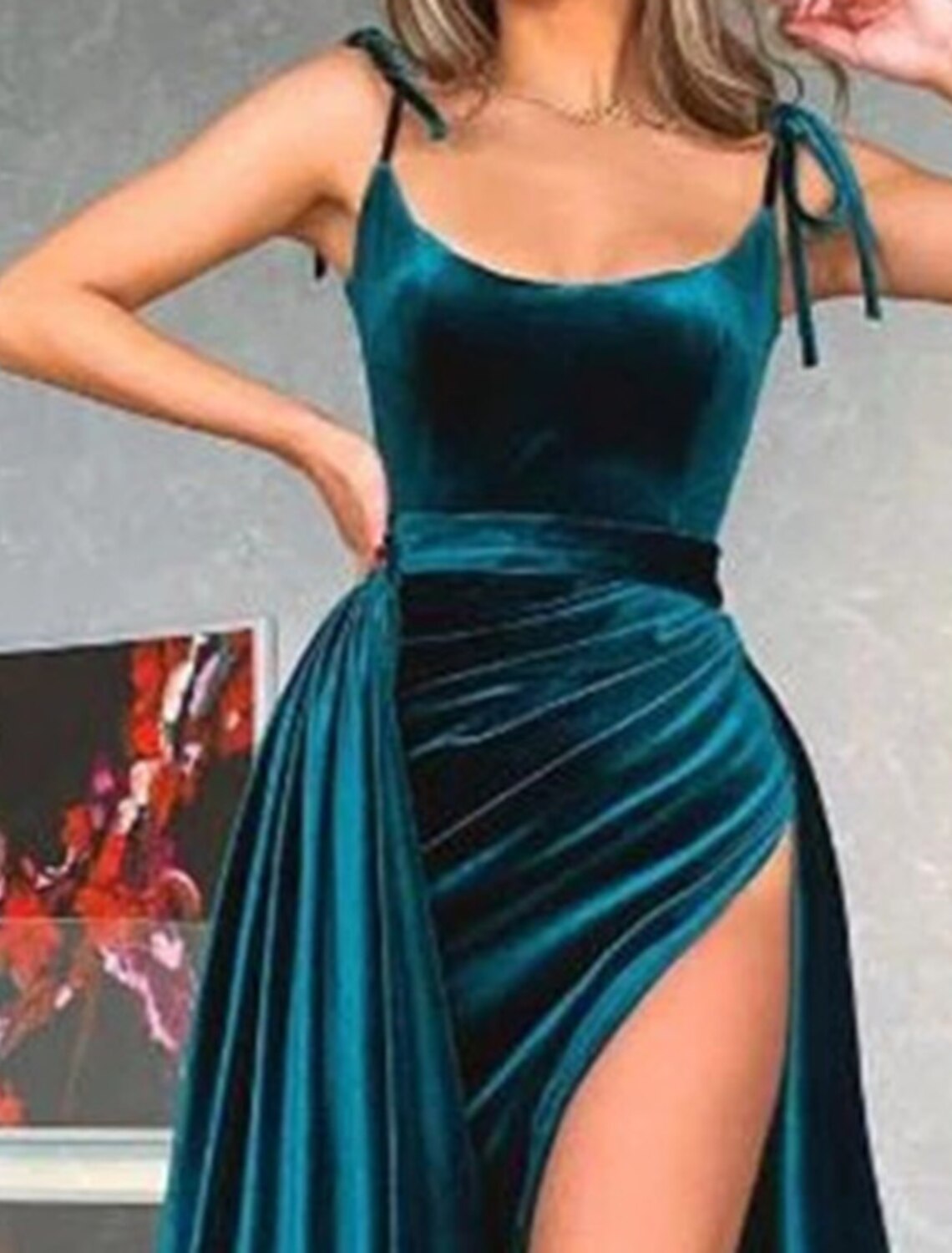 Mermaid Spaghetti Strap Velvet Sleeveless High Slit Evening Gown - Chloe Dress