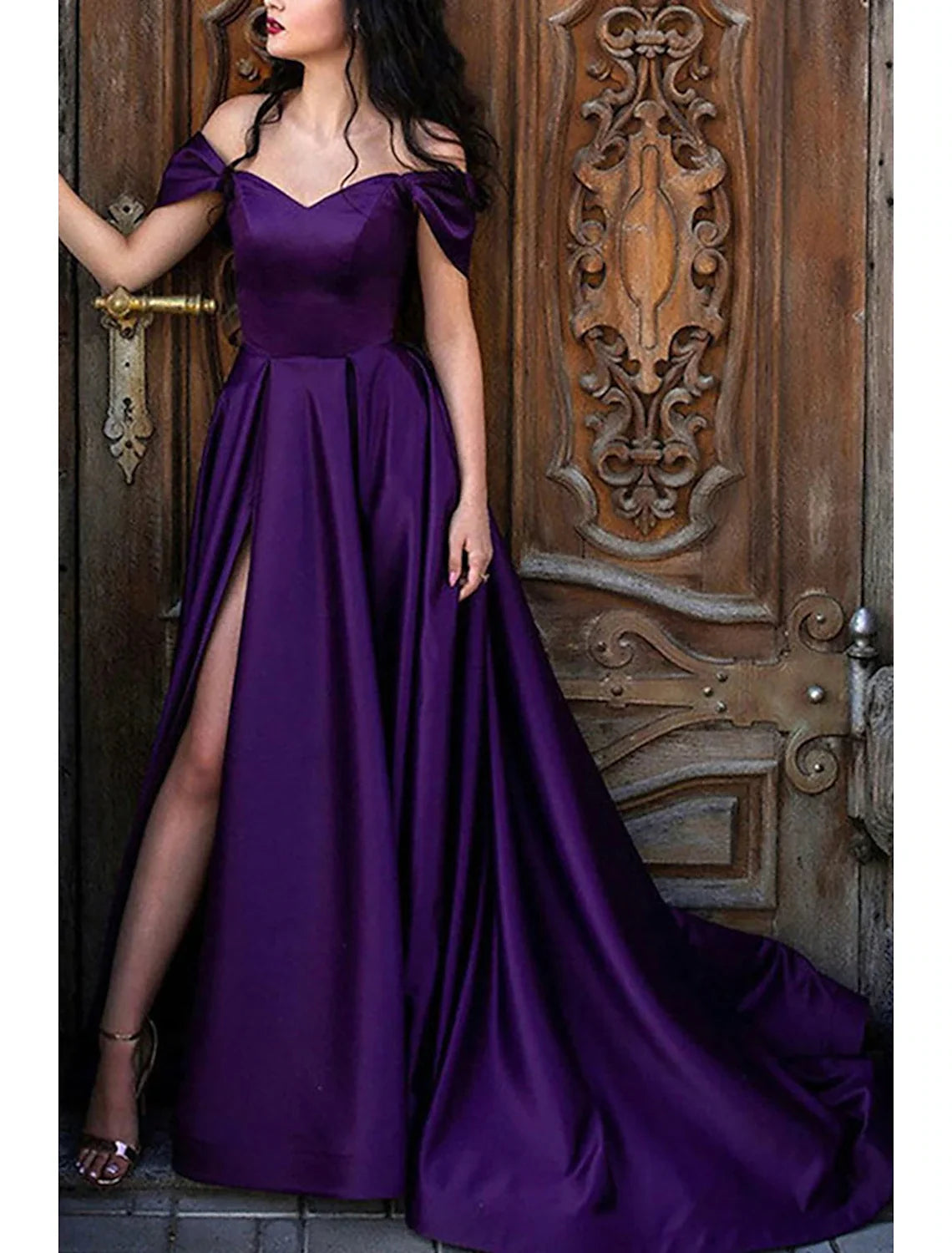 A-Line Off-Shoulder Satin Sleeveless High Slit Prom Dress - Chloe Dress