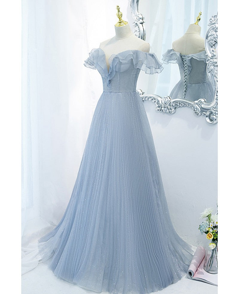 Sky Blue A-Line Off-Shoulder Short Sleeve Backless Ruffled Floor-Length Evening Dress - Chloe Dress