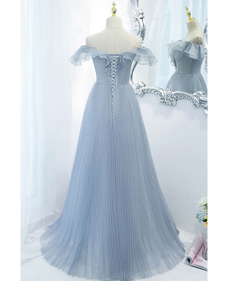 Sky Blue A-Line Off-Shoulder Short Sleeve Backless Ruffled Floor-Length Evening Dress - Chloe Dress
