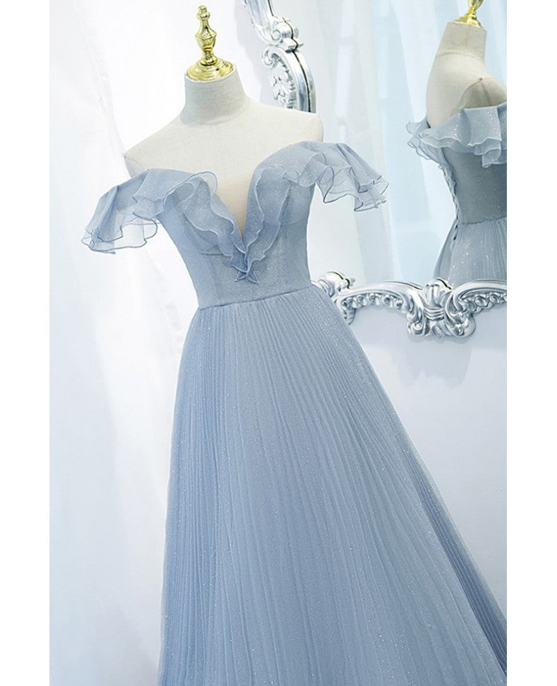 Sky Blue A-Line Off-Shoulder Short Sleeve Backless Ruffled Floor-Length Evening Dress - Chloe Dress