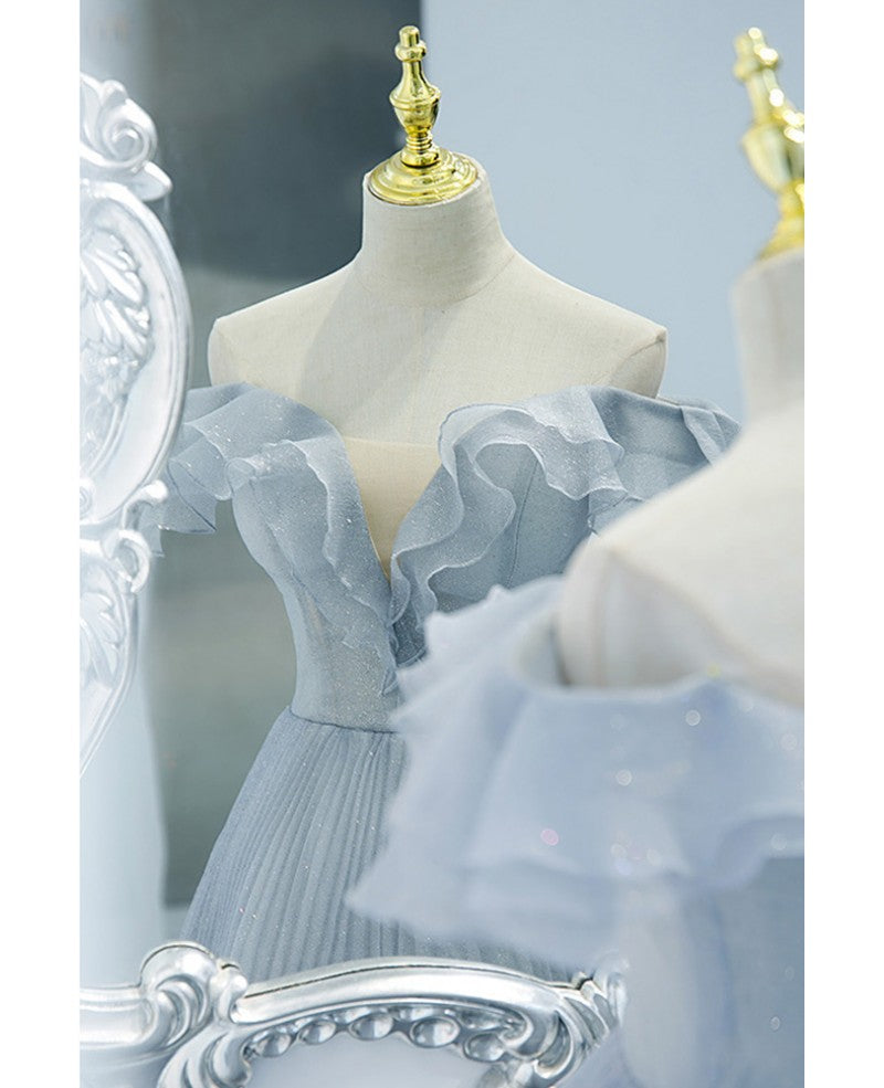Sky Blue A-Line Off-Shoulder Short Sleeve Backless Ruffled Floor-Length Evening Dress - Chloe Dress
