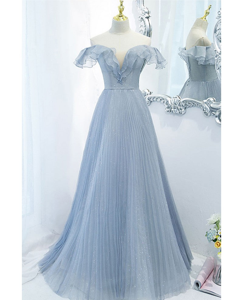 Sky Blue A-Line Off-Shoulder Short Sleeve Backless Ruffled Floor-Length Evening Dress - Chloe Dress