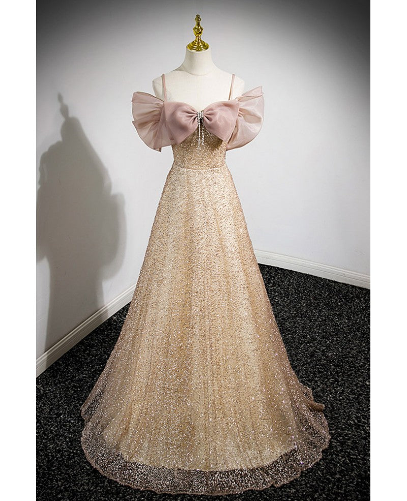 Gold A-Line Off-Shoulder Sequin Short Sleeve Rhinestone Floor-Length Evening Gown - Chloe Dress