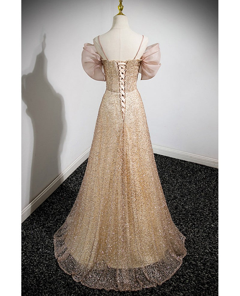 Gold A-Line Off-Shoulder Sequin Short Sleeve Rhinestone Floor-Length Evening Gown - Chloe Dress