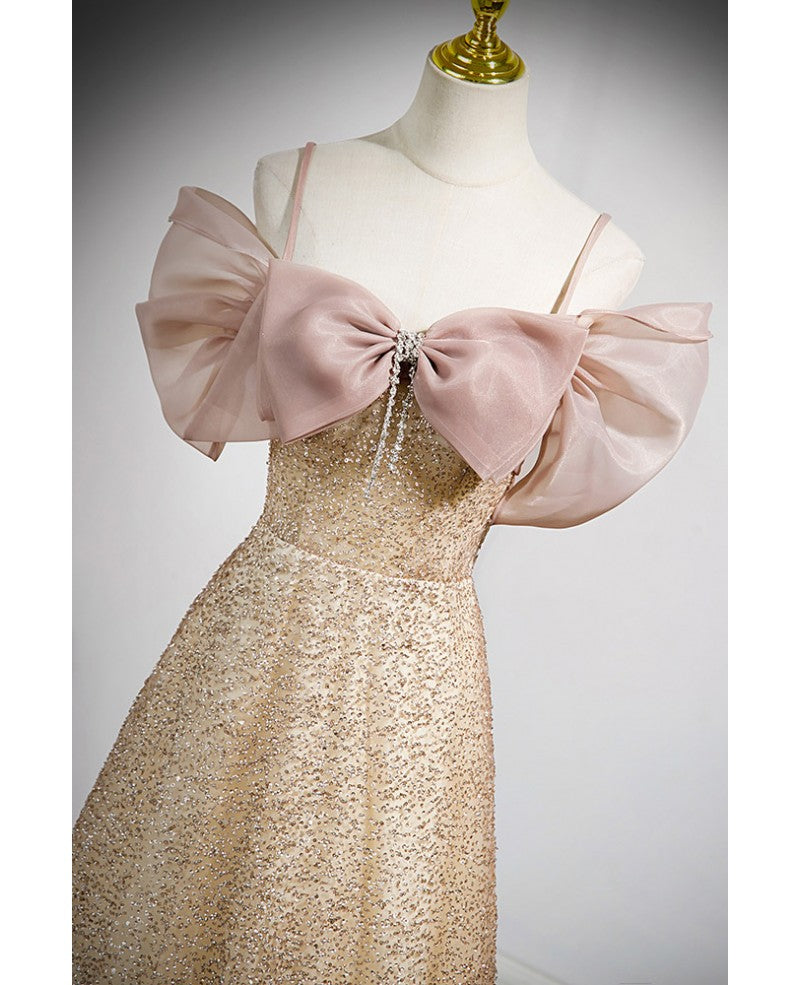 Gold A-Line Off-Shoulder Sequin Short Sleeve Rhinestone Floor-Length Evening Gown - Chloe Dress
