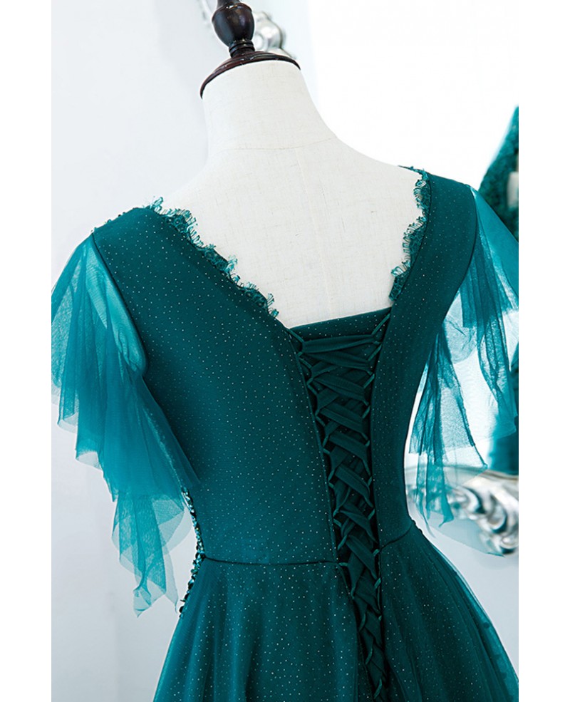 Green V-Neck Short Sleeve Backless Beaded Floor-Length Prom Dress - Chloe Dress