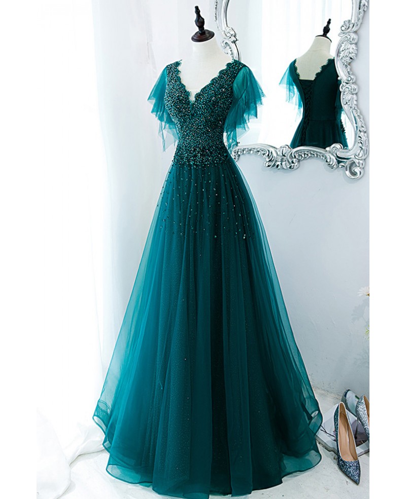 Green V-Neck Short Sleeve Backless Beaded Floor-Length Prom Dress - Chloe Dress