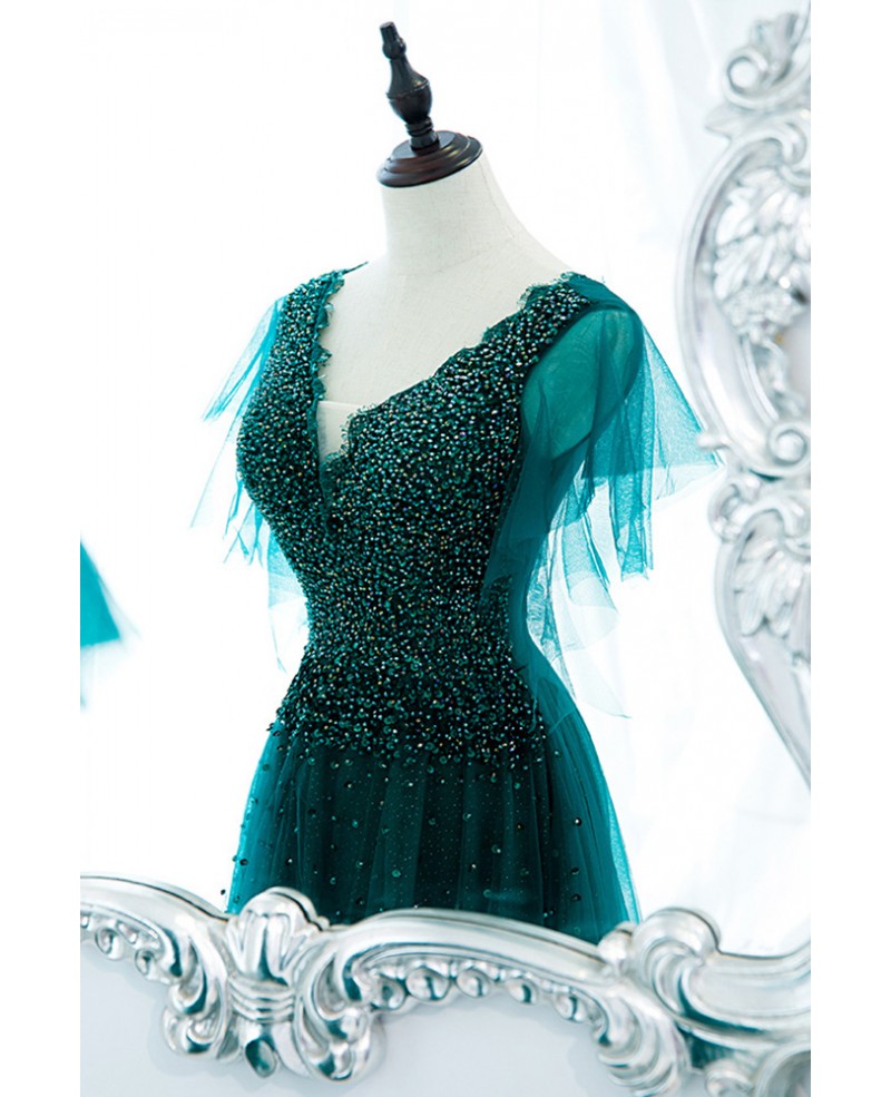 Green V-Neck Short Sleeve Backless Beaded Floor-Length Prom Dress - Chloe Dress