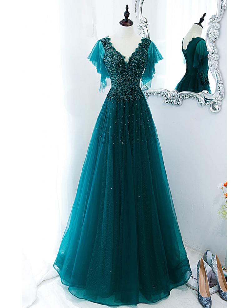 Green V-Neck Short Sleeve Backless Beaded Floor-Length Prom Dress - Chloe Dress