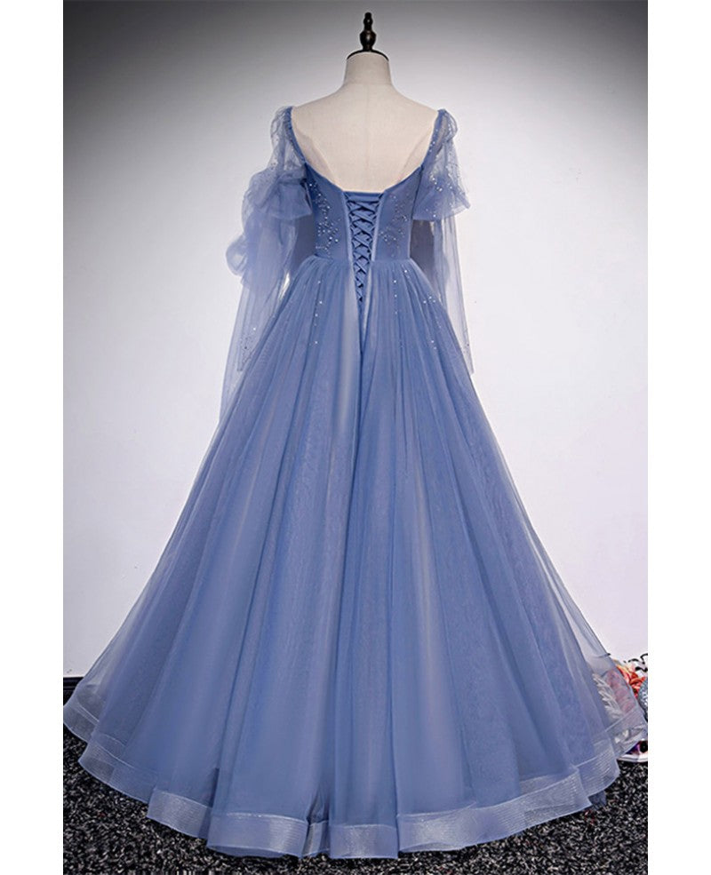 Blue Long Sleeve Backless Beaded Floor-Length Evening Dress - Chloe Dress
