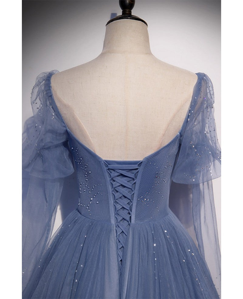 Blue Long Sleeve Backless Beaded Floor-Length Evening Dress - Chloe Dress