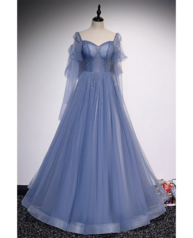 Blue Long Sleeve Backless Beaded Floor-Length Evening Dress - Chloe Dress